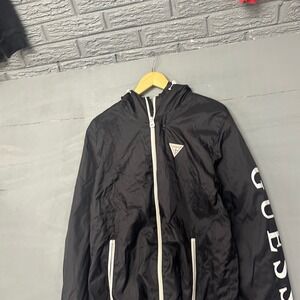 Guess Mens Black Full Zip Hooded Windbreaker Jacket Logo Sleeve Large